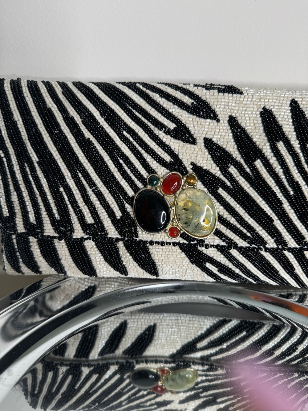 Mary Frances White and Black Beaded Gemstone Embellished Evening Bag Clutch NWT - Picture 2 of 5